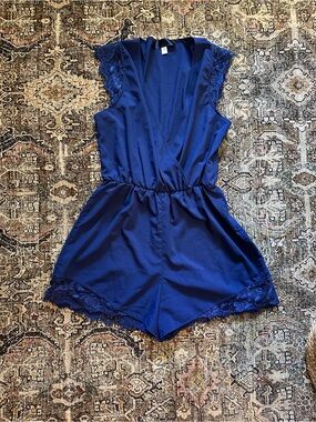 FRANCESCAS Blue Silk Lace-Trim Romper